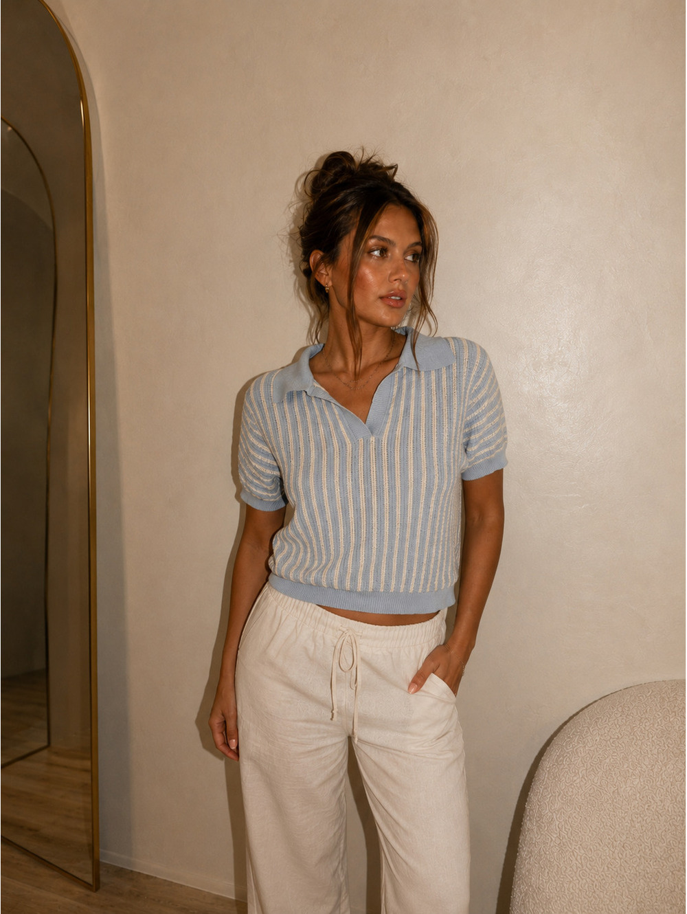 Cider Light Blue and White Striped Short Sleeve Knit Polo Sweater Size S